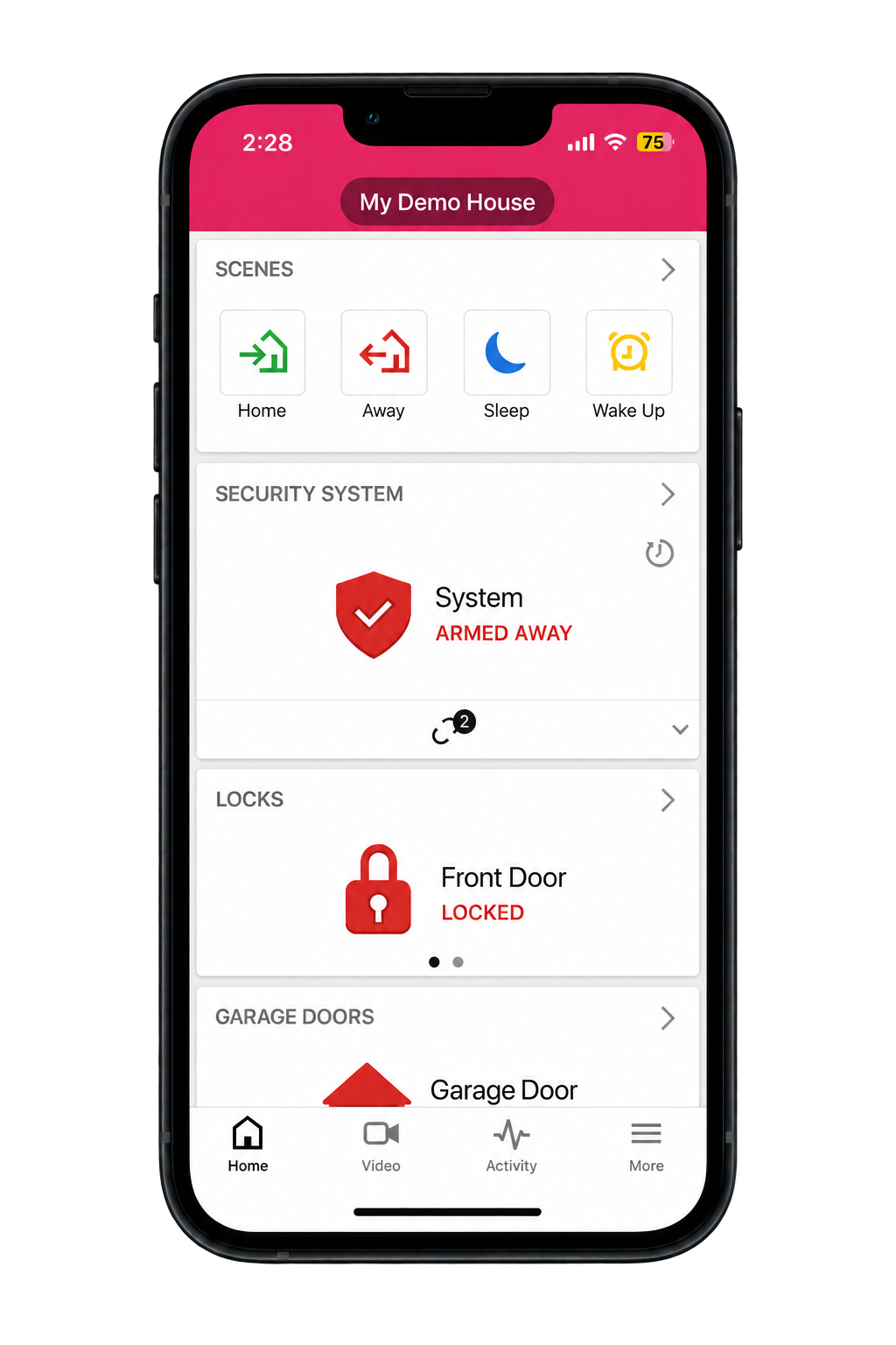 App showing System Armed Away and Front Door Locked