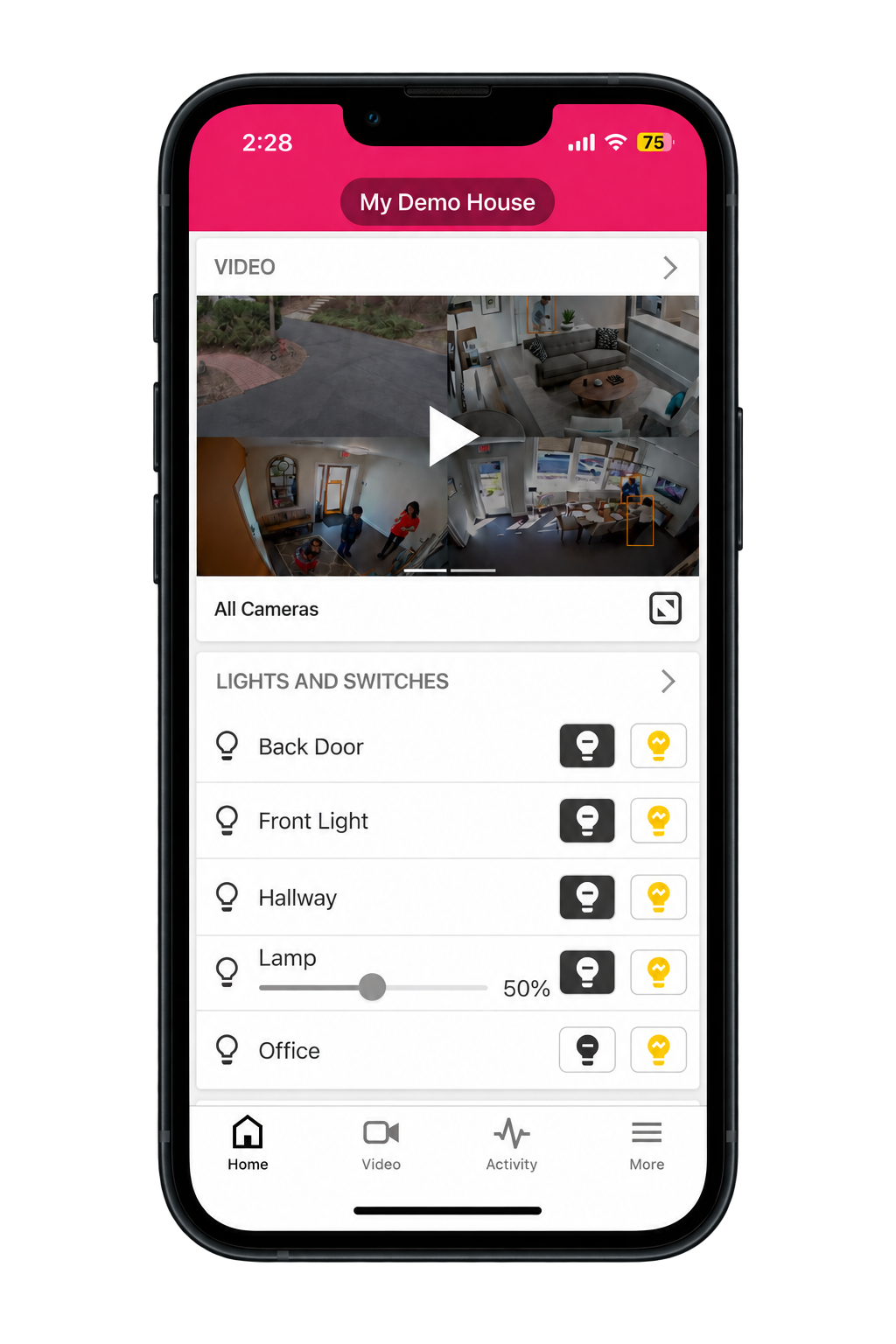 App showing cameras and Back Door, Front Light and Hallway lighting controls