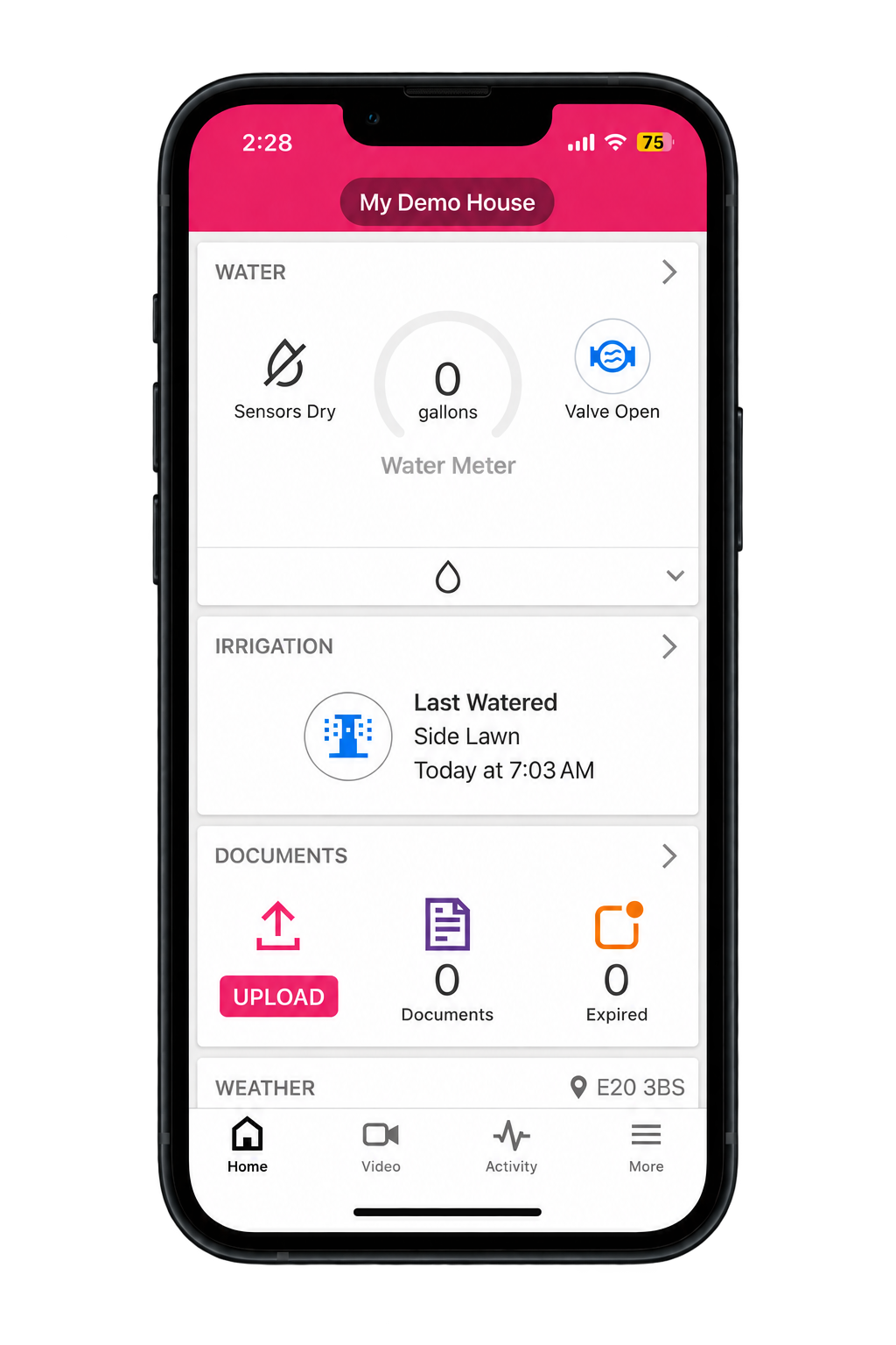 App showing water monitoring, Last Watered and document upload